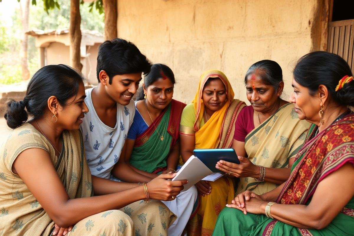 Young mentors sharing digital knowledge with women in a rural community
