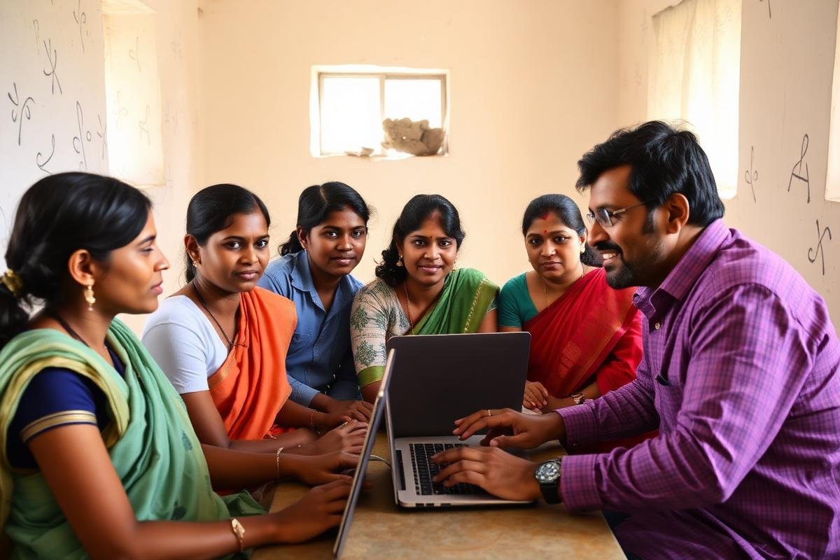 Rural learners receiving practical computer training in a community classroom